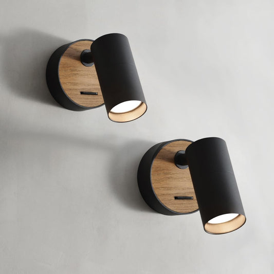 ouglres Black Wall Lamp with Switch, Pack of 2, Wooden Wall Light, Retro Wall Spot Made of Aluminium Lampshade, Rotatable, Wall Light Indoor, Compact, Bed, Bedroom, Living Room, GU10