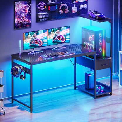 Birou gaming 138x48 cm cu LED, sertare si raft reversibil Coleshome