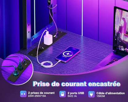 Birou gaming colt 110x80 reversibil Coleshome cu LED, prize si rafturi
