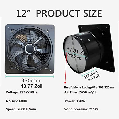 Ventilator axial industrial 12 inch PQS25 + ECUTEE + 120W, 2650 m3/h, metal