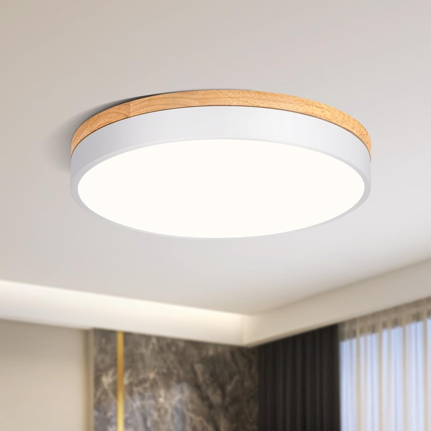Qamra Ceiling Light, LED Ceiling Light, Wood, 40 cm, Flat Ceiling Light, White, 36 W Round Lamp for Living Room, Bedroom, Kitchen, Hallway, Dining Room, 4000 K