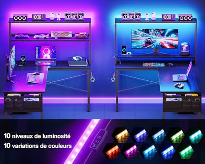 Birou gaming colt 110x80 reversibil Coleshome cu LED, prize si rafturi