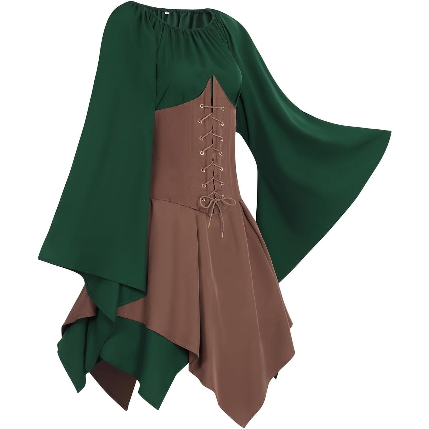 FOVER Medieval Gothic Clothing Women's Traditional Irish Dress Renaissance Green Dresses Carnival Halloween Costume Pirate Cosplay Outfit with Head Chain Flower Wreath Elf Ears Overknee Socks