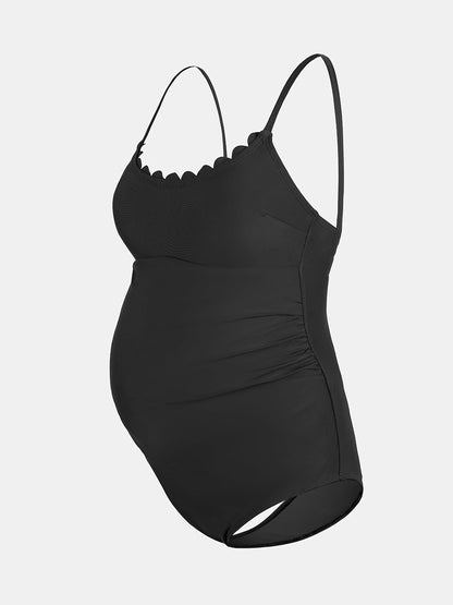 Sutien de baie CUPSHE cu decolteu rotund, margini ondulate si snur, marimea L, negru