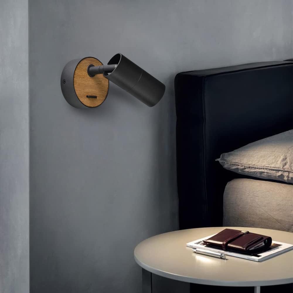 ouglres Black Wall Lamp with Switch, Pack of 2, Wooden Wall Light, Retro Wall Spot Made of Aluminium Lampshade, Rotatable, Wall Light Indoor, Compact, Bed, Bedroom, Living Room, GU10