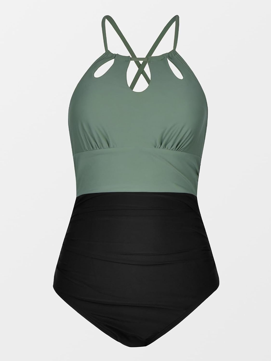 Costum de baie dama CUPSHE cu guler inalt, decupaje decorative si volane, marimea S, negru/verde