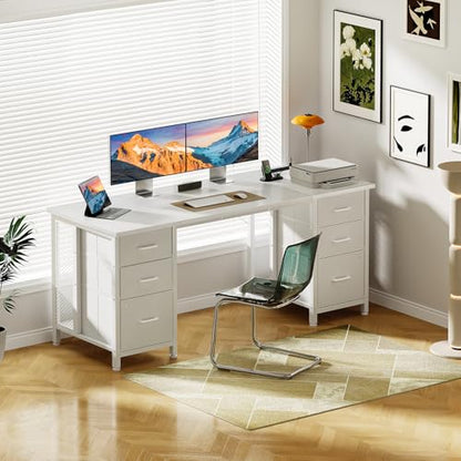 Birou cu 6 sertare 160x52 cm Coleshome, prize si USB, alb