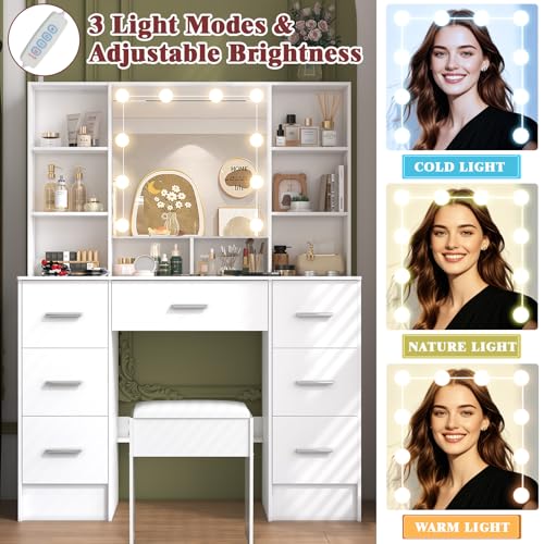 Masa toaleta cu oglinda LED si taburet + 10 LED, 7 sertare, spatii ascunse