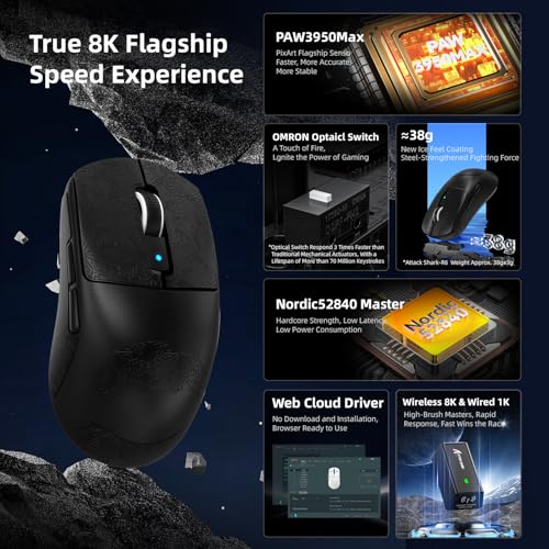 Mouse Gaming R6 MAMBASNAKE x ATTACK SHARK, 39g, Wireless 8K, PAW3950MAX