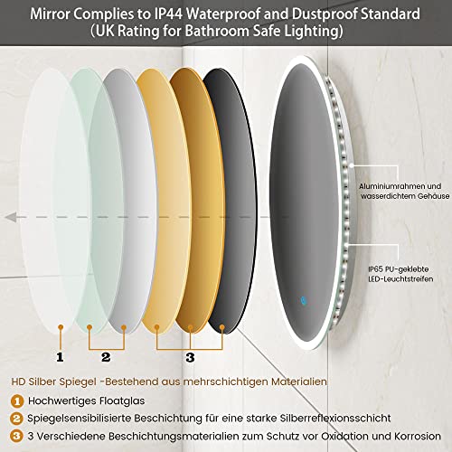 Oglinda baie LED rotunda 50 cm + Touch + Anti-aburire + Dimabila