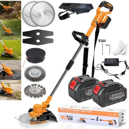 Motocoasa electrica YUIOIBUC 21V cu 2 baterii 4.0 Ah pentru gradina Portocaliu