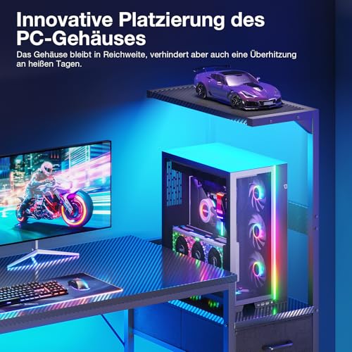 Birou gaming 138x48 cm cu LED, sertare si raft reversibil Coleshome