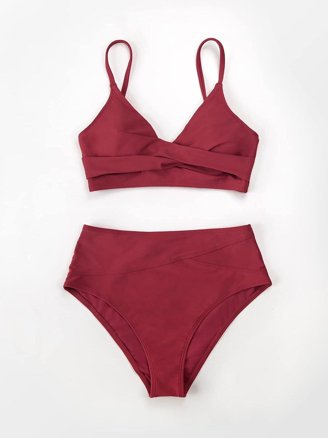 Costum de baie din doua piese CUPSHE cu bustiera incrucisata si talie inalta, marimea L, rosu vin
