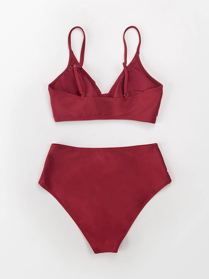 Costum de baie din doua piese CUPSHE cu bustiera incrucisata si talie inalta, marimea L, rosu vin