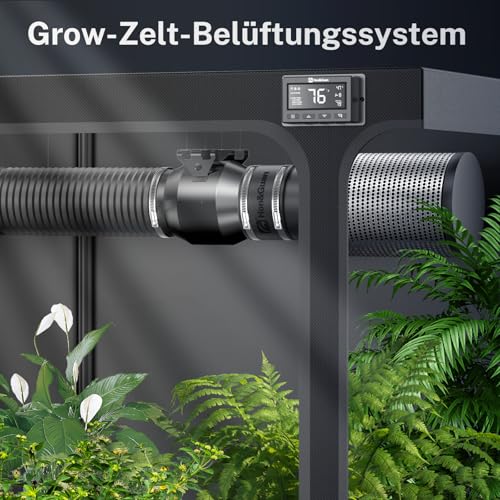 Ventilator de tub Hon&Guan EC 100 mm, 360 m³/h, cu regulator inteligent de temperatura si umiditate, control viteza, stecher EU, pentru grow tent, sera, filtru carbon activ, imprimanta 3D