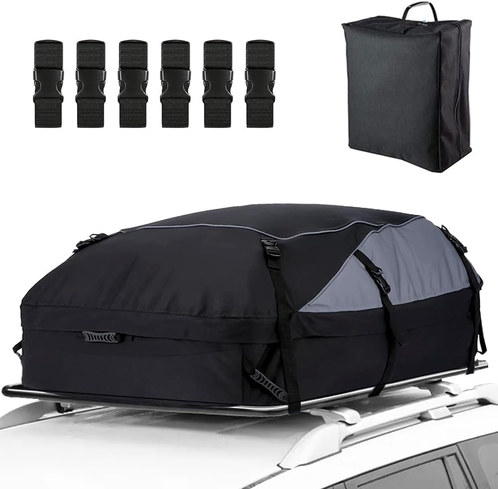 Ranikeer 21 Cubic Feet Foldable Waterproof Roof Box Bag with 6 Reinforcement Buckles for Vehicles with/without Pannier Rack, Black