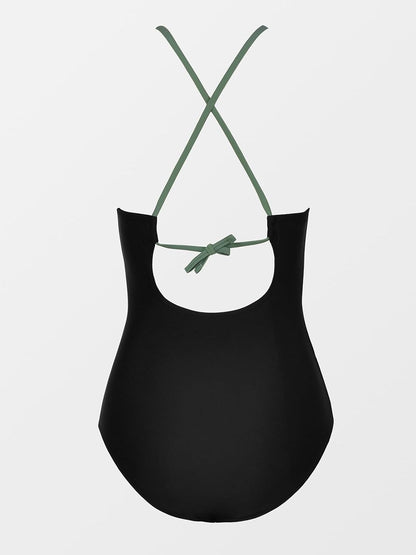 Costum de baie dama CUPSHE cu guler inalt, decupaje decorative si volane, marimea S, negru/verde