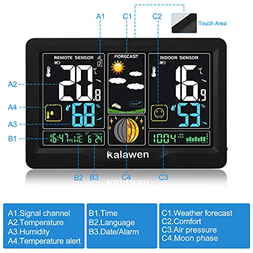 Statie meteo wireless cu senzor exterior Kalawen, ecran color, prognoza, ceas