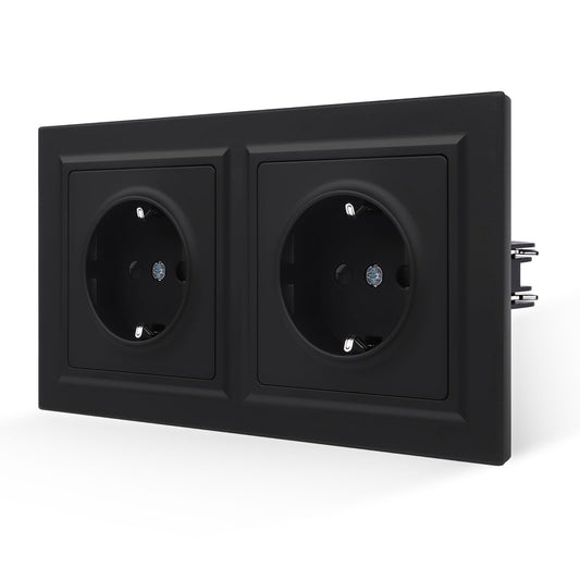Priza dubla Schuko 16A negru mat Smooth Skin, 250V, 155x84 mm