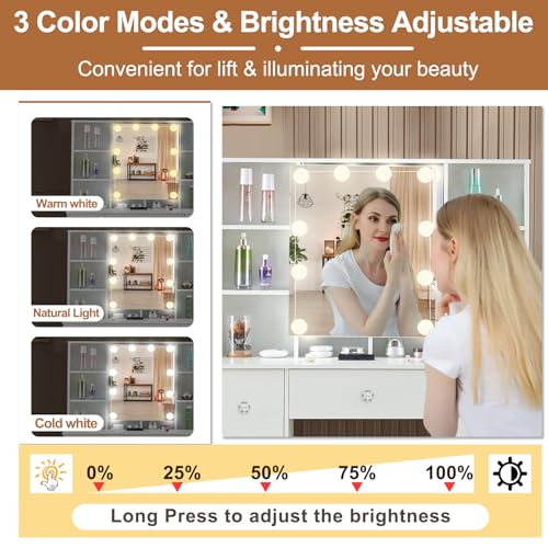 Masa pentru machiaj cu oglinda si lumini LED, luminozitate reglabila, 7 sertare si 6 rafturi, masa machiaj moderna pentru dormitor, alba 100 x 40 x 140 cm
