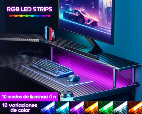 Birou gaming 129x129 cm ODK, LED, 2 prize + 2 USB, raft monitor
