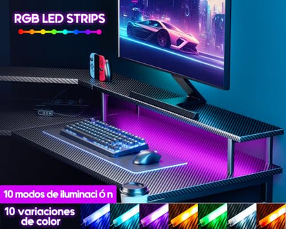 Birou gaming 129x129 cm ODK, LED, 2 prize + 2 USB, raft monitor