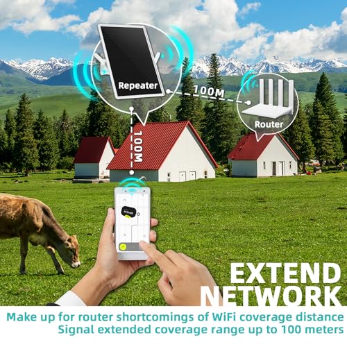 Amplificator WiFi exterior WLAN, repeater și booster solar pe baterie, extender semnal WiFi 2.4GHz până la 100m, 300Mbit/s, compatibil cu dispozitive 2.4GHz