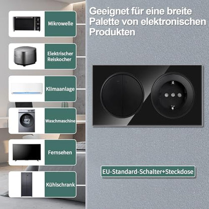 Priza Schuko cu intrerupator dublu 1-way CNBINGO, sticla securizata