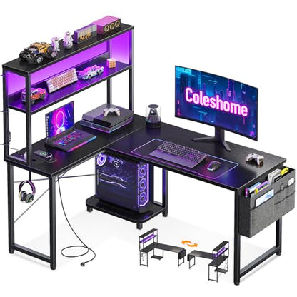 Birou gaming colt 110x80 reversibil Coleshome cu LED, prize si rafturi