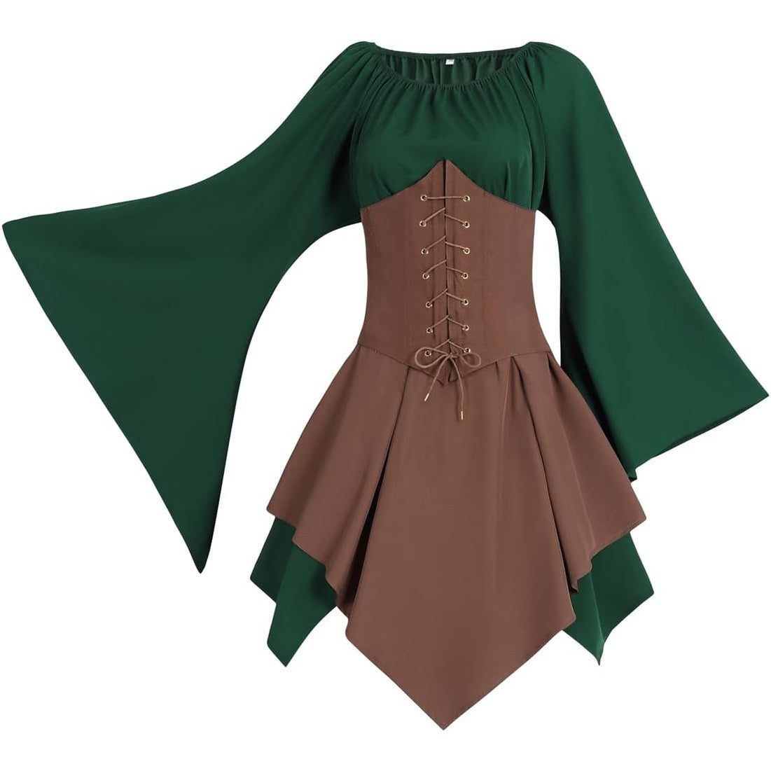 FOVER Medieval Gothic Clothing Women's Traditional Irish Dress Renaissance Green Dresses Carnival Halloween Costume Pirate Cosplay Outfit with Head Chain Flower Wreath Elf Ears Overknee Socks
