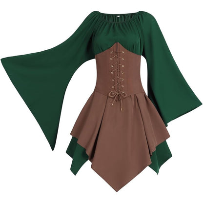 FOVER Medieval Gothic Clothing Women's Traditional Irish Dress Renaissance Green Dresses Carnival Halloween Costume Pirate Cosplay Outfit with Head Chain Flower Wreath Elf Ears Overknee Socks
