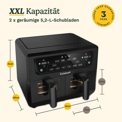 Friteuza cu aer cald cu 2 camere XXL, 10,4 L (5,2 L + 5,2 L), fara PFAS, neagra cu fereastra de vizualizare