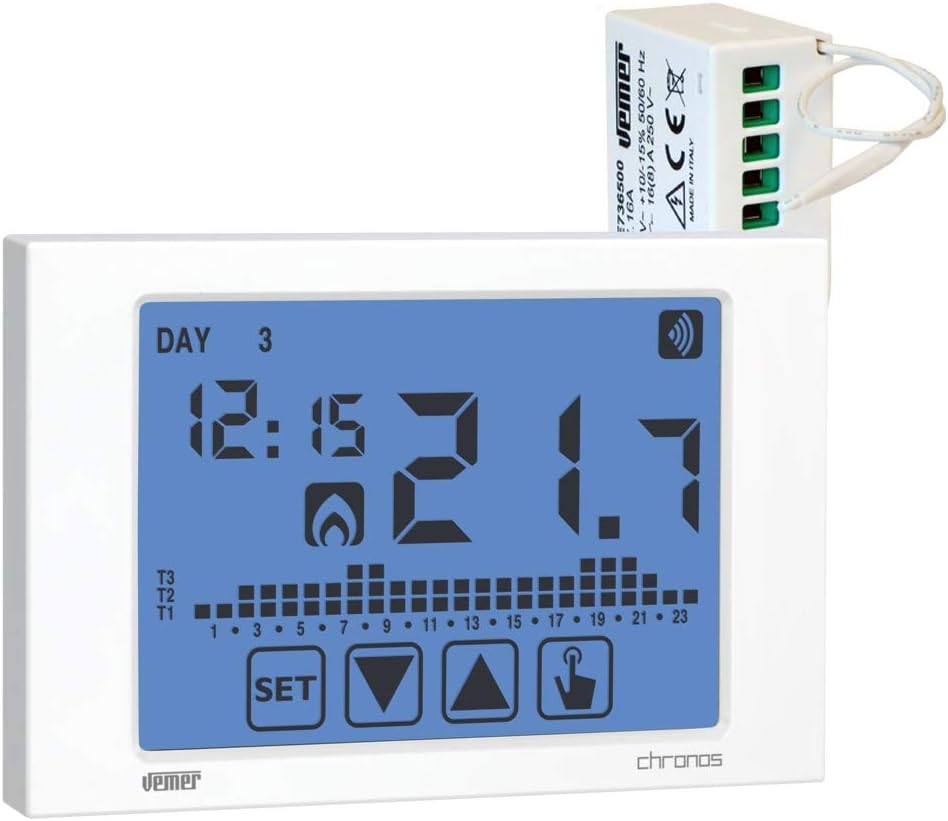 Cronotermostat saptamanal VEMER Chronos RF cu ecran tactil si actuator RF, alb