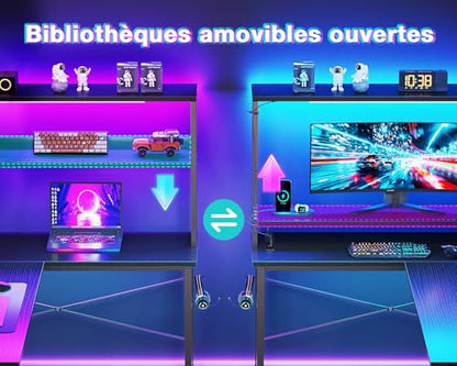 Birou gaming colt 110x80 reversibil Coleshome cu LED, prize si rafturi