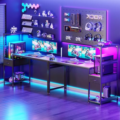 Birou gaming 138x48 cm cu LED, sertare si raft reversibil Coleshome