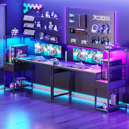Birou gaming 138x48 cm cu LED, sertare si raft reversibil Coleshome