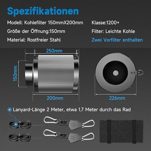 Filtru carbon activ 150x200 mm Hon&Guan, RC48 38 mm, control miros