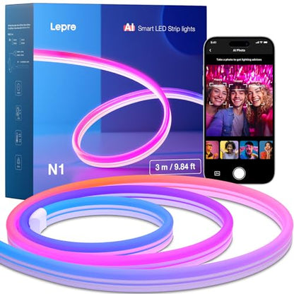 Lepro N1 Banda LED Neon Smart 3 m, IP65, sincronizare muzica, control Bluetooth 2.4GHz, compatibil Alexa si Google Home, pentru DIY party