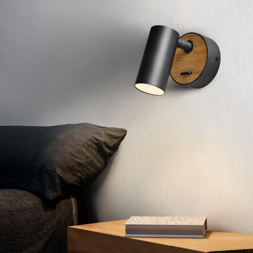 ouglres Black Wall Lamp with Switch, Pack of 2, Wooden Wall Light, Retro Wall Spot Made of Aluminium Lampshade, Rotatable, Wall Light Indoor, Compact, Bed, Bedroom, Living Room, GU10