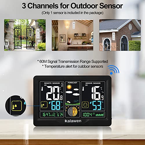 Statie meteo wireless cu senzor exterior Kalawen, ecran color, prognoza, ceas