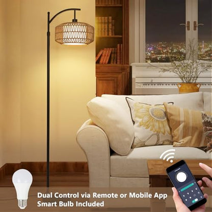 Lampa de podea cu abajur ratan, boho, dimabila, cu telecomanda si control din aplicatie, neagra, pentru living, dormitor si birou