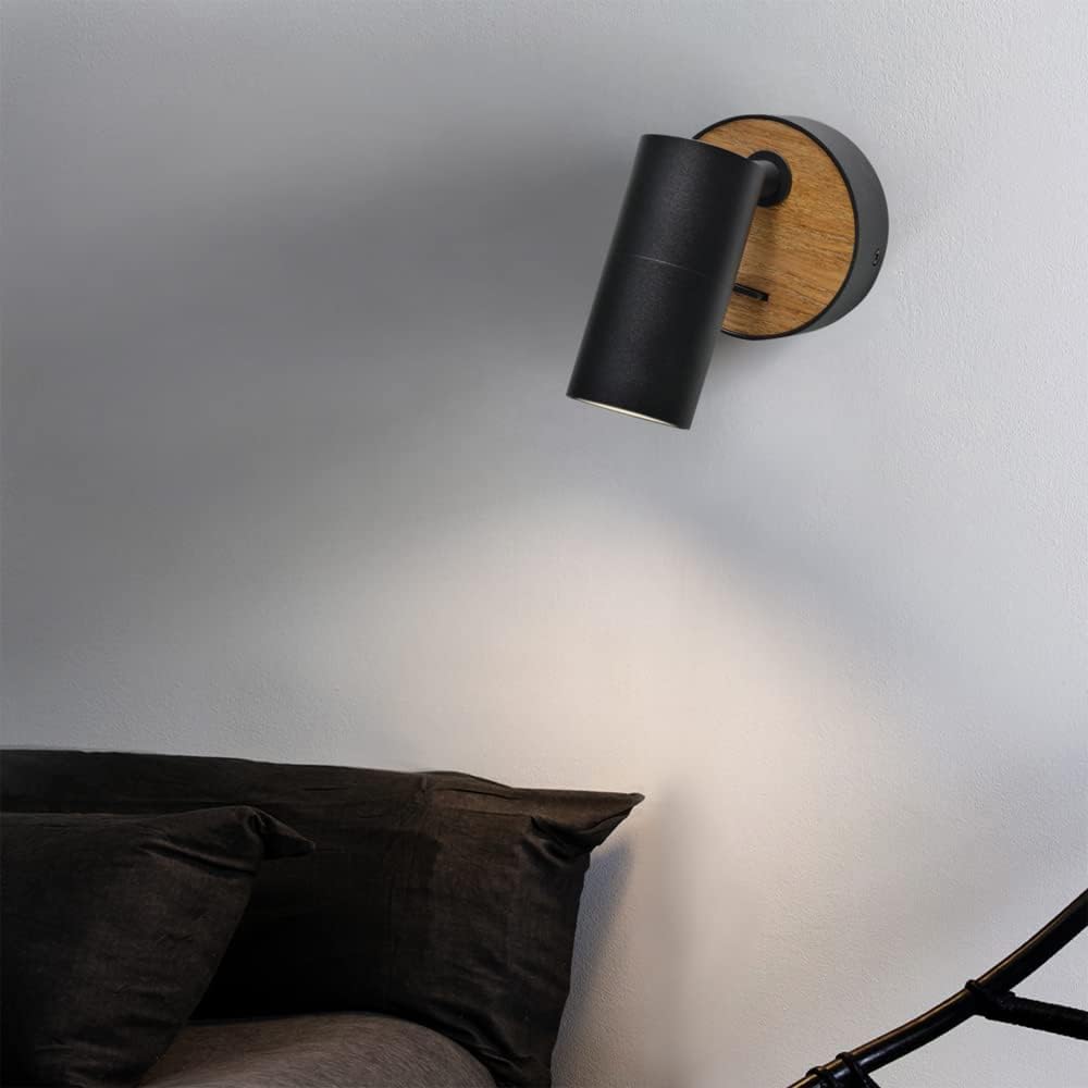 ouglres Black Wall Lamp with Switch, Pack of 2, Wooden Wall Light, Retro Wall Spot Made of Aluminium Lampshade, Rotatable, Wall Light Indoor, Compact, Bed, Bedroom, Living Room, GU10