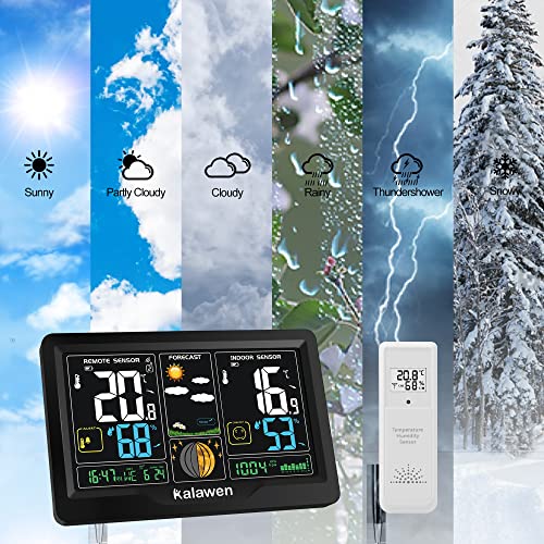Statie meteo wireless cu senzor exterior Kalawen, ecran color, prognoza, ceas
