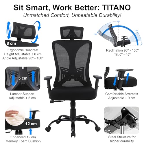 Titano FRANKFURT Scaun ergonomic de birou, sezut capitonat piele, structura ranforsata cu otel, roti 360, negru