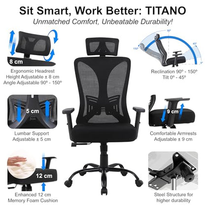 Titano FRANKFURT Scaun ergonomic de birou, sezut capitonat piele, structura ranforsata cu otel, roti 360, negru