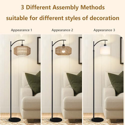 Lampa de podea cu abajur ratan, boho, dimabila, cu telecomanda si control din aplicatie, neagra, pentru living, dormitor si birou