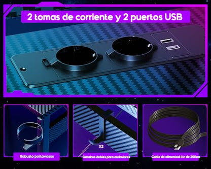 Birou gaming 129x129 cm ODK, LED, 2 prize + 2 USB, raft monitor