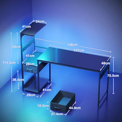Birou gaming 138x48 cm cu LED, sertare si raft reversibil Coleshome