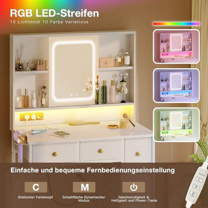 Masuta de toaleta ODK cu oglinda LED reglabila, USB si banda RGB, alba