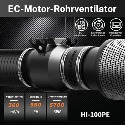 Ventilator de tub Hon&Guan EC 100 mm, 360 m³/h, cu regulator inteligent de temperatura si umiditate, control viteza, stecher EU, pentru grow tent, sera, filtru carbon activ, imprimanta 3D